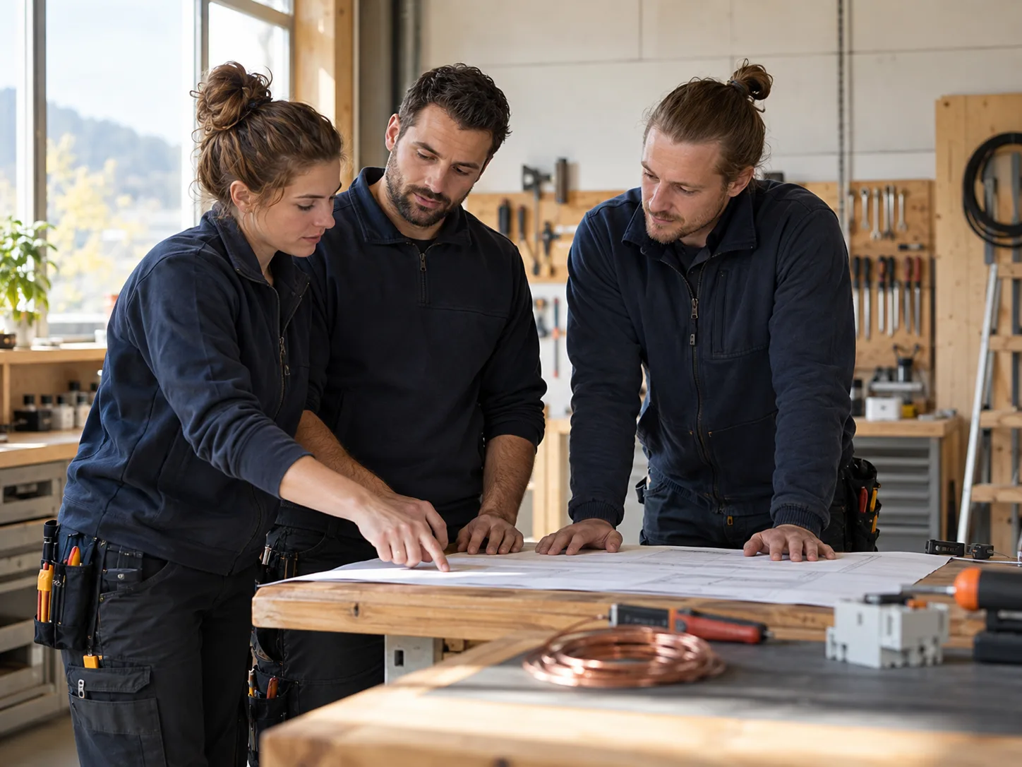 Drei Fachkräfte besprechen gemeinsam einen Installationsplan in der Werkstatt.